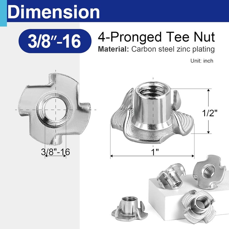 Usdrwam 50 Pack 3/8"-16 T Nuts for Wood, Zinc-Plated Carbon Steel 4-Prong Tee Nuts for Furniture, Cabinets, and Rock Climbing Holds - Image 2